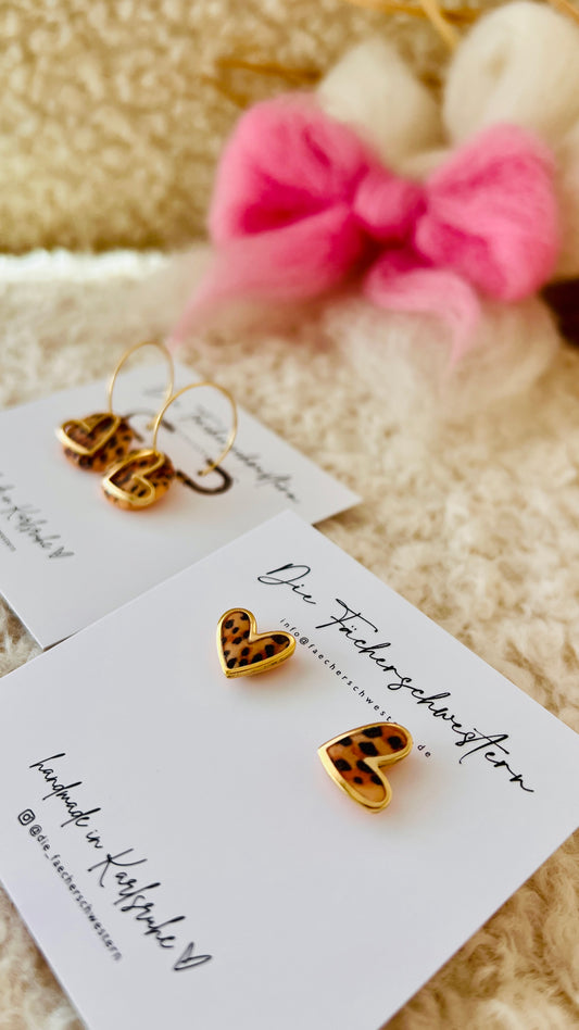 Herzchen Ohrstecker - Leoprint/peach