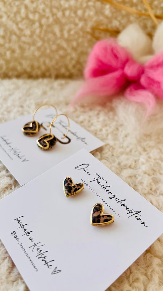 Herzchen Ohrstecker - Leoprint/braun