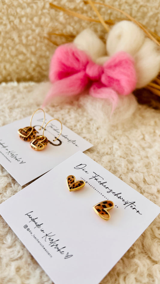 Herzchen Ohrstecker - Leoprint/peach